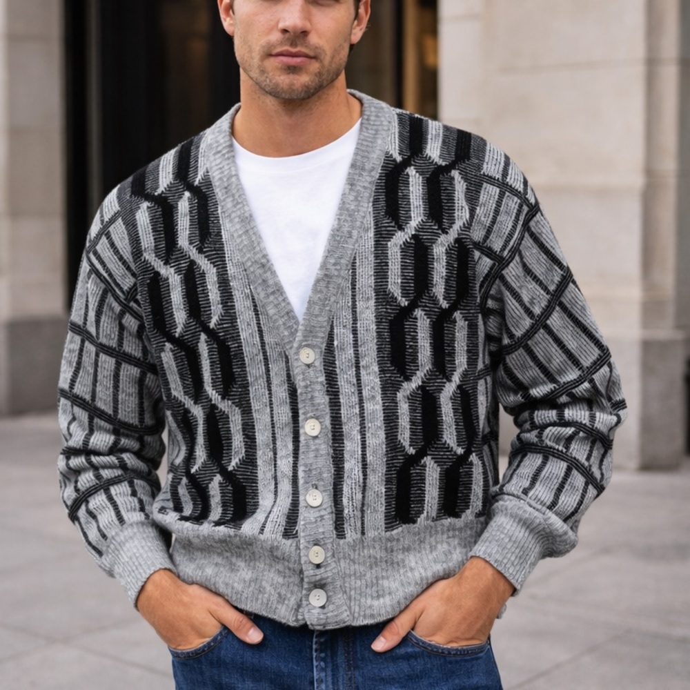 Vintage JJ Cochran Gray Patterned V-Neck Cardigan Sweater